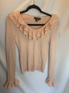 Ralph Lauren Women's Pale Pink Ruffle Neck Sweater